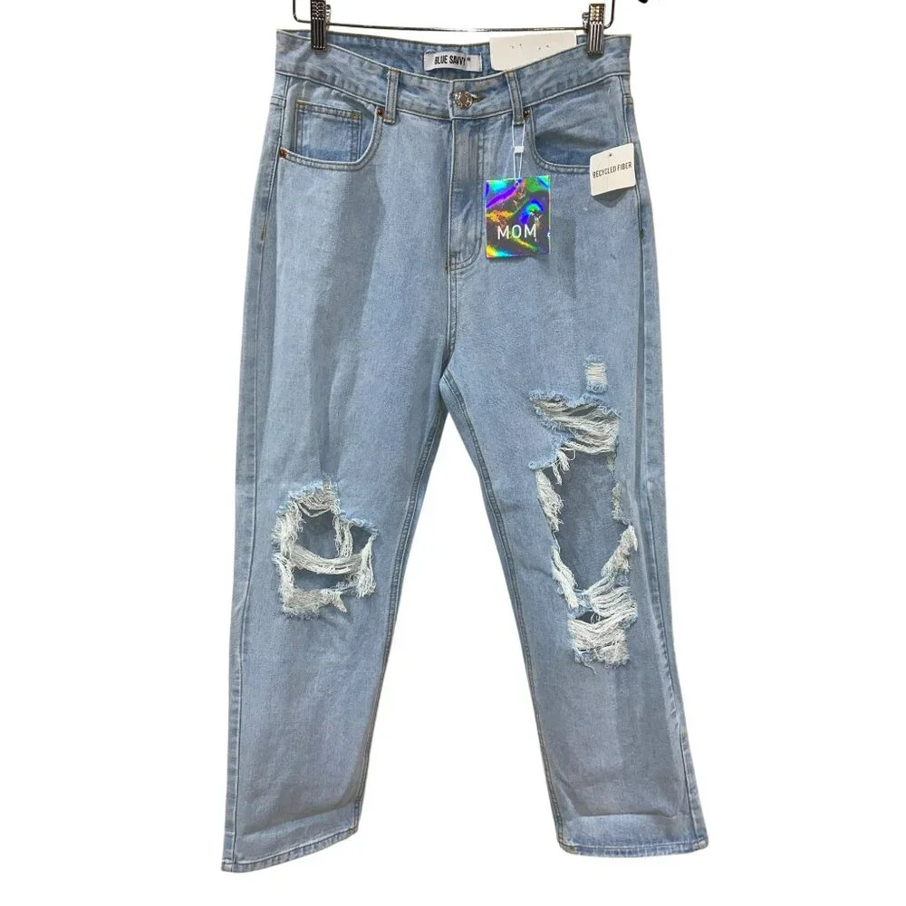 Blue Savvy Womens Distressed High-Waisted Mom Jeans Recycled Fiber Light Wash Si